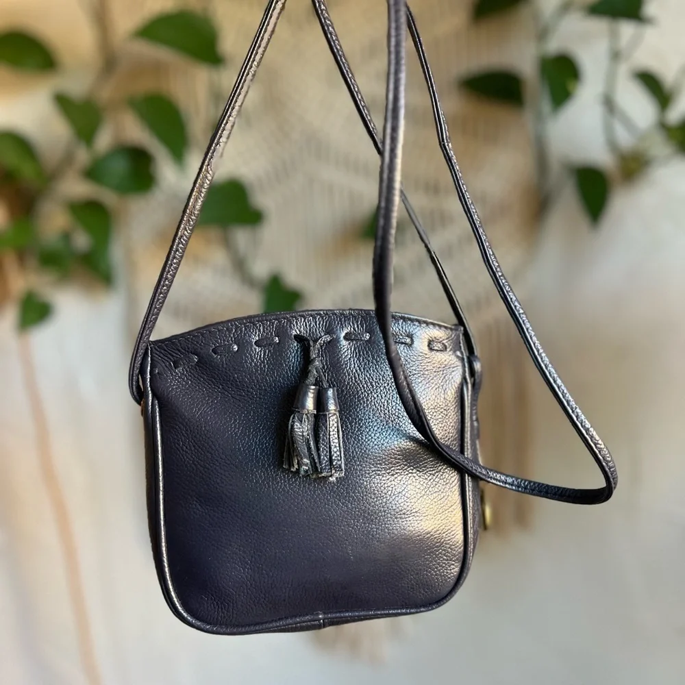 Vintage Anne Klein Oroton Leather Crossbody Bag Navy Leather Tassel Purse 80s